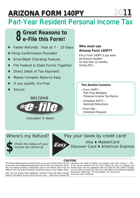 Arizona Form 140py - Part-Year Resident Personal Income Tax Art-Year Resident Personal Income Tax - 2011 Printable pdf