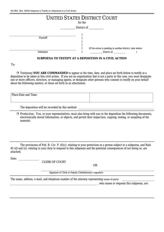 Fillable Form Ao 88a - Subpoena To Testify At A Deposition In A Civil Action Printable pdf