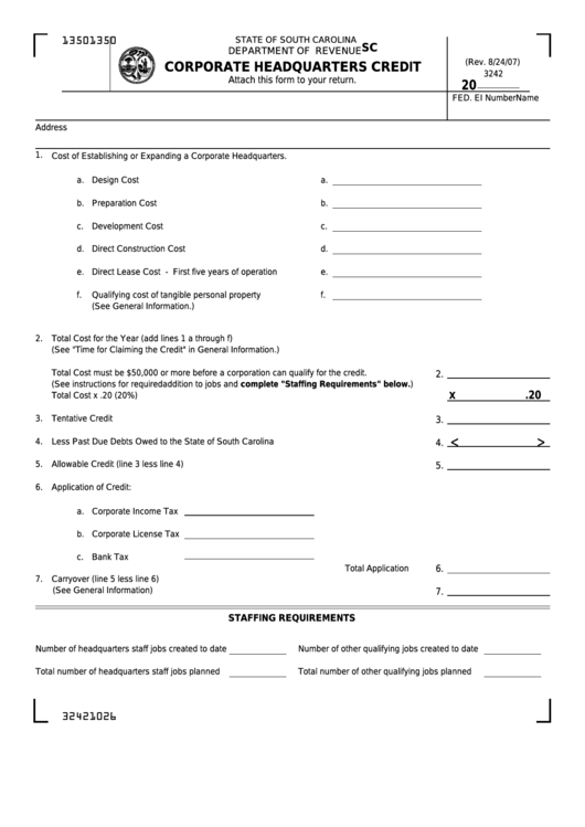 Form Sc Sch.tc 8 - Corporate Headquarters Credit Printable pdf
