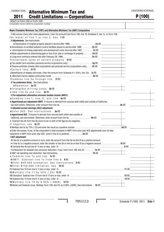 Fillable California Schedule P (Form 100) - Alternative Minimum Tax And Credit Limitations-Corporations - 2011 Printable pdf