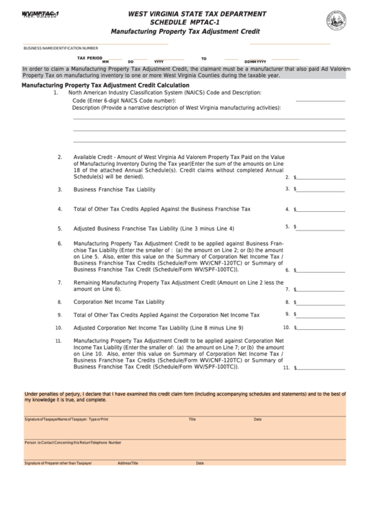 Form Wv/mptac-1 - Schedule Mptac-1 Manufacturing Property Tax Adjustment Credit Printable pdf