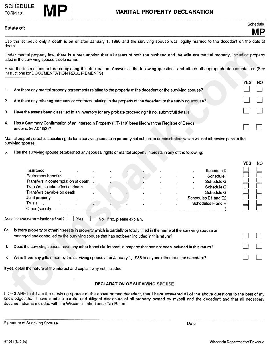 Schedule Mp Form 101 - Marital Property Declaration