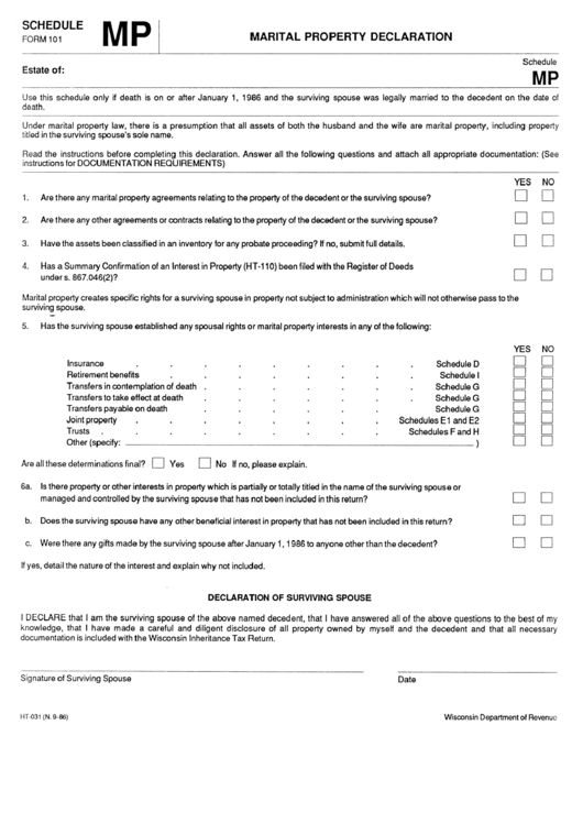 Schedule Mp Form 101 - Marital Property Declaration Printable pdf