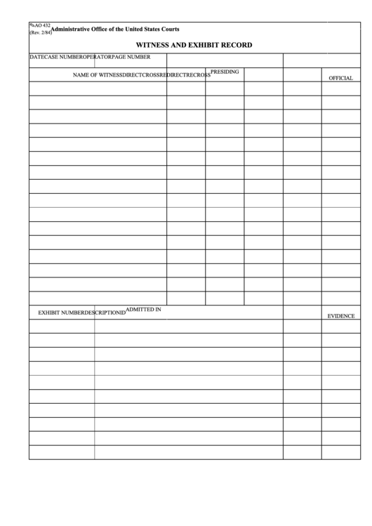 Fillable Form Ao 432 - Witness And Exhibit Record Printable pdf