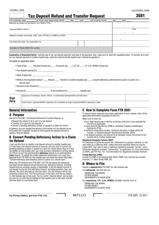 Fillable California Form 3581 - Tax Deposit Refund And Transfer Request Printable pdf