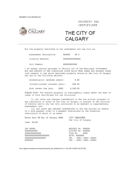 Property Tax Certificate Form - The City Of Alberta Printable pdf