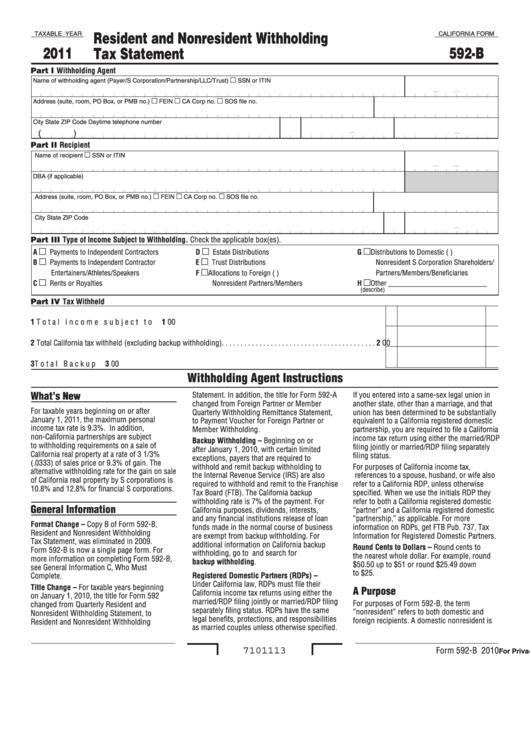 Fillable California Form 592-B - Resident And Nonresident Withholding Tax Statement - 2011 Printable pdf