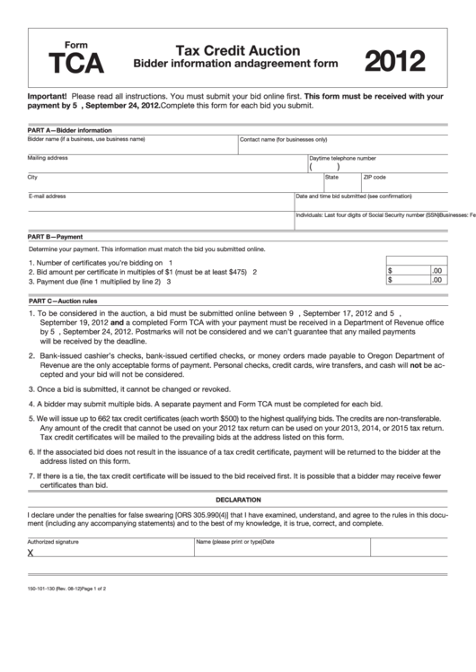 Fillable Form Tca - Tax Credit Auction Bidder Information And Agreement Form - 2012 Printable pdf