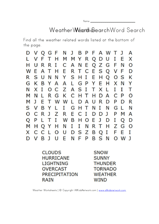 Weather Word Search Worksheet Printable pdf