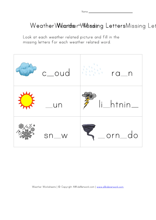Weather Words - Missing Letters Printable pdf