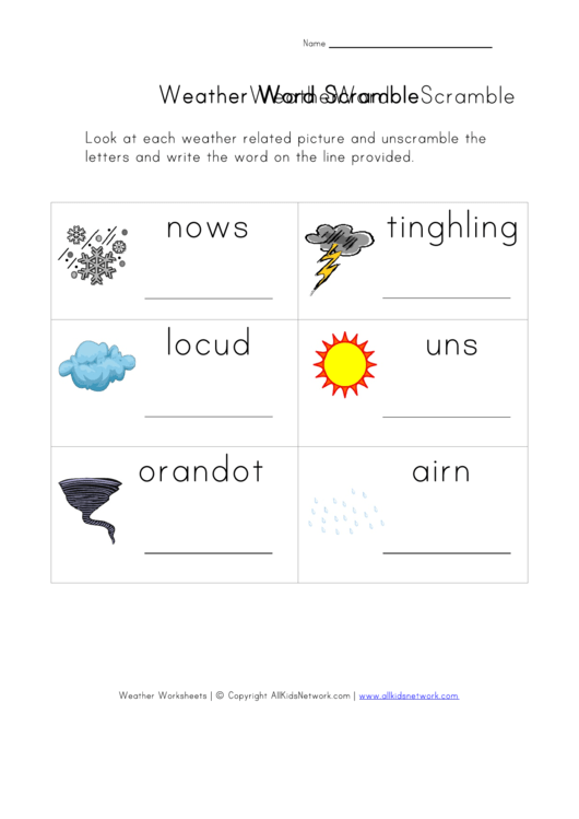 Weather Word Scramble Worksheet Printable pdf