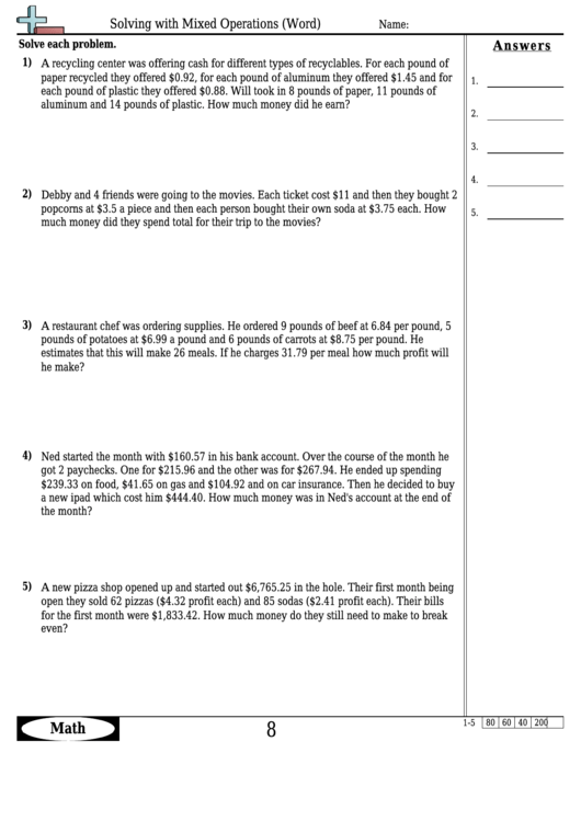 solving with mixed operations word worksheet template with answer key