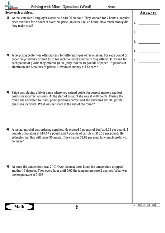 Solving With Mixed Operations (Word) Worksheet Template With Answer Key Printable pdf