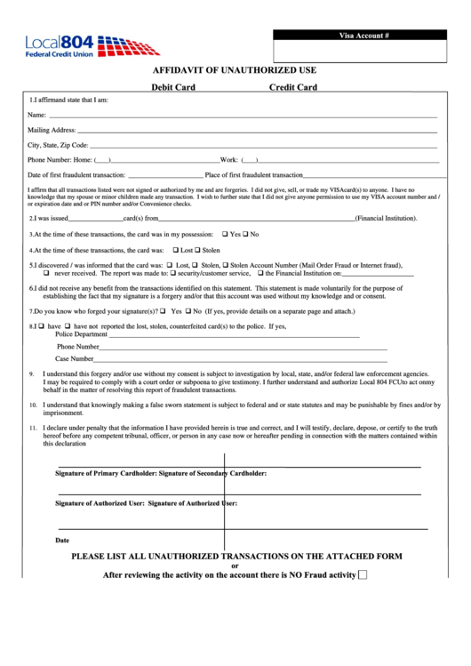 Fillable Affidavit Of Unauthorized Use Form Printable pdf