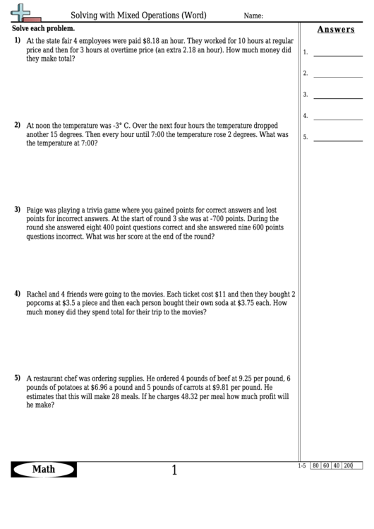 Solving With Mixed Operations (Word) Worksheet Template With Answer Key Printable pdf