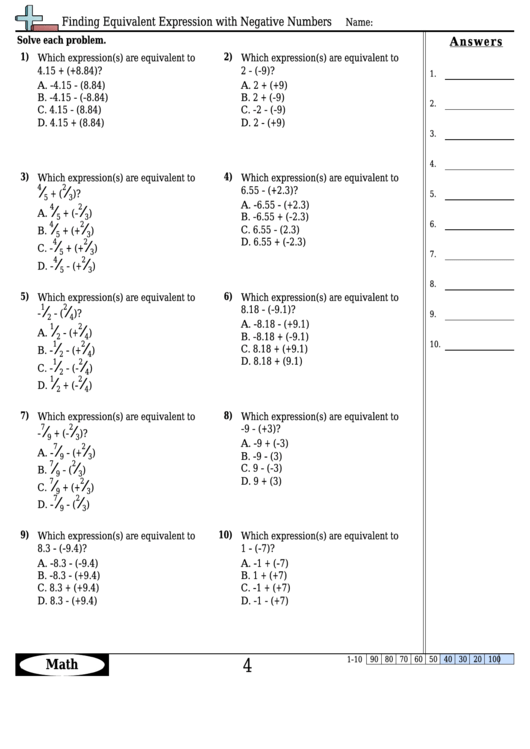 Finding Equivalent Expression With Negative Numbers Worksheet Template With Answer Key