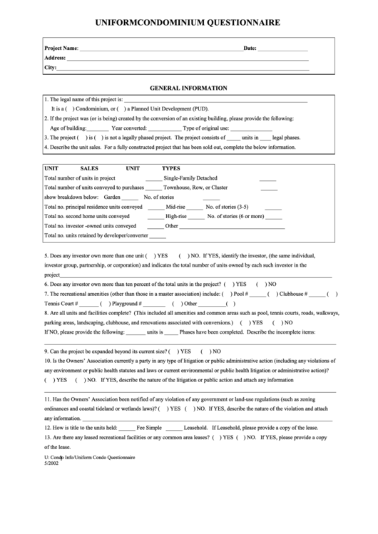 Uniform Condominium Questionnaire Template Printable pdf