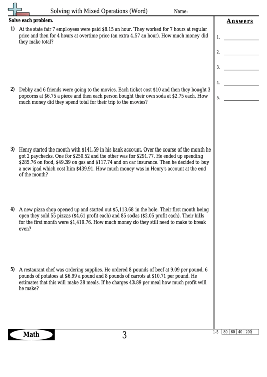 Solving With Mixed Operations (Word) Worksheet Template With Answer Key Printable pdf