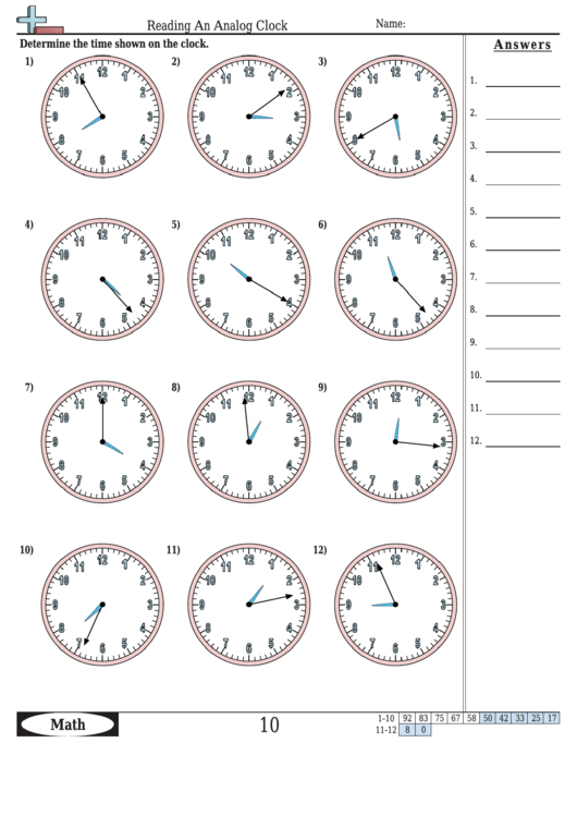 Reading An Analog Clock Worksheet Template With Answer Key Printable pdf