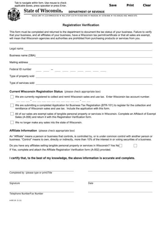 Fillable Form A-001 - Registration Verification - Wisconsin Department Of Revenue Printable pdf
