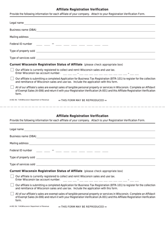 Form A-002 - Affiliate Registration Verification - Wisconsin Department Of Revenue Printable pdf