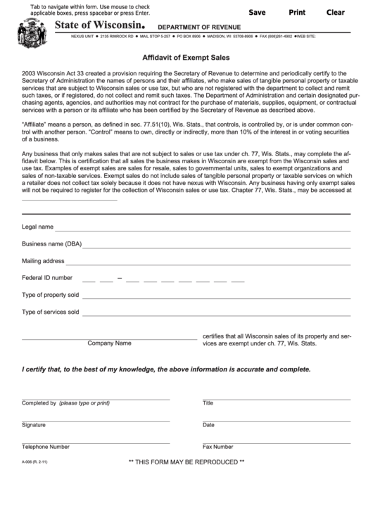 Fillable Form A-006 - Affidavit Of Exempt Sales - Wisconsin Department Of Revenue Printable pdf