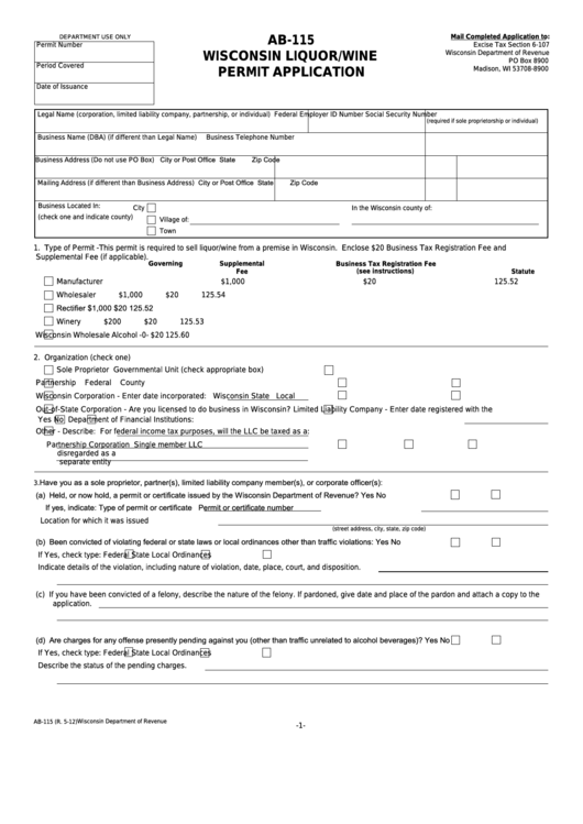 Form Ab-115 - Wisconsin Liquor/wine Permit Application Printable pdf