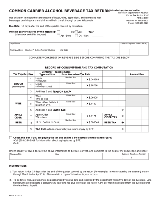 Form Ab-154 - Common Carrier Alcohol Beverage Tax Return Printable pdf