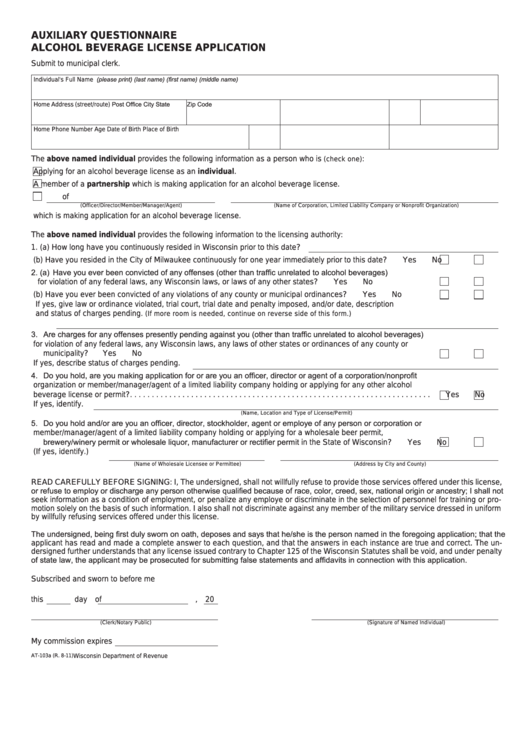 Form At-103a - Auxiliary Questionnaire Alcohol Beverage License Application Printable pdf