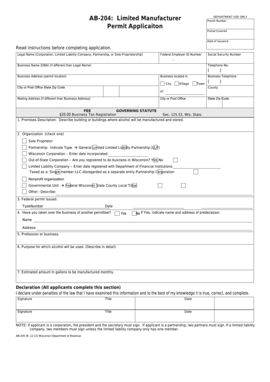 Form Ab-204 - Limited Manufacturer Permit Applicaiton Printable pdf