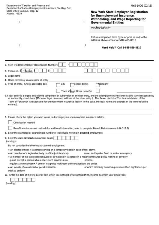 Form Nys-100g - New York State Employer Registration For Unemployment Insurance, Withholding, And Wage Reporting For Governmental Entities Printable pdf