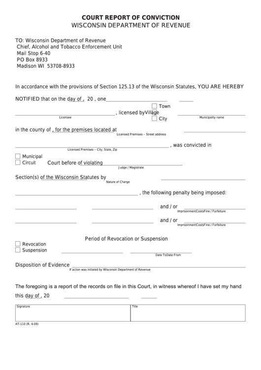 Form At-110 - Court Report Of Conviction - Wisconsin Department Of Revenue Printable pdf