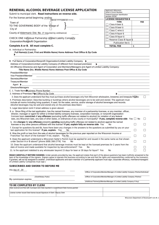 Form At-115 - Renewal Alcohol Beverage License Application - Wisconsin Department Of Revenue Printable pdf
