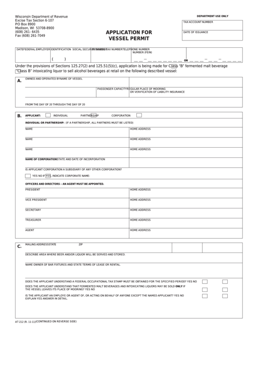 Form At-212 - Application For Vessel Permit - Wisconsin Department Of Revenue Printable pdf