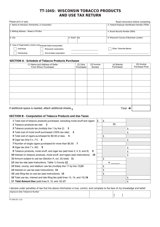 Form Tt-104s - Wisconsin Tobacco Products And Use Tax Return
