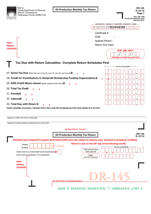 Form Dr-145 - Oil Production Monthly Tax Return - Florida Department Of Revenue Printable pdf