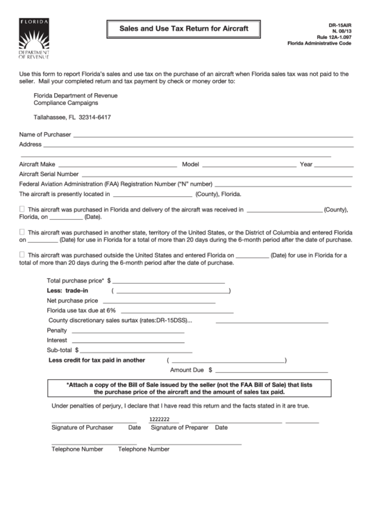 Fillable Form Dr-15air - Sales And Use Tax Return For Aircraft Printable pdf