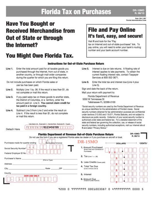 Fillable Form Dr-15mo - Out-Of-State Purchase Return - Florida Department Of Revenue Printable pdf