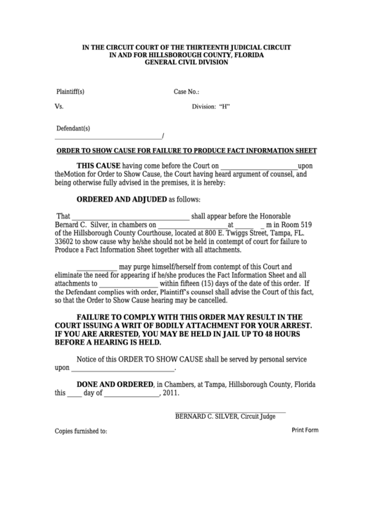 Fillable Order To Show Cause-Thirteenth Judicial Circuit Court Printable pdf