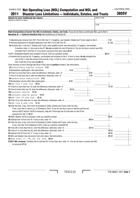 Fillable California Form 3805v - Net Operating Loss (Nol) Computation And Nol And Disaster Loss Limitations-Individuals, Estates, And Trusts - 2011 Printable pdf