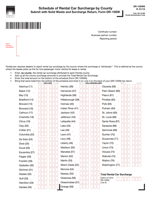 Fillable Form Dr-15sws - Schedule Of Rental Car Surcharge By County Printable pdf