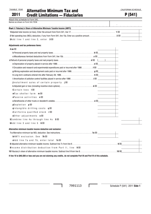 Fillable California Schedule P (Form 541) - Alternative Minimum Tax And Credit Limitations-Fiduciaries Printable pdf