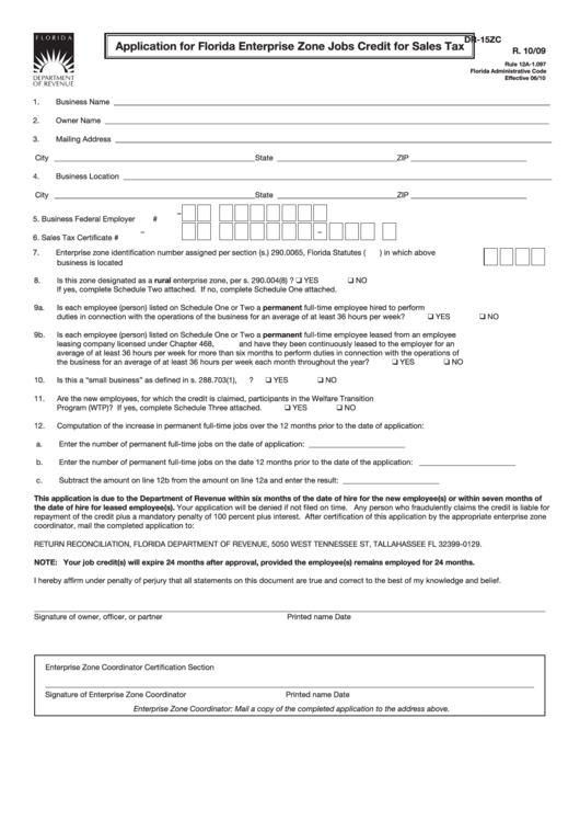 Fillable Form Dr-15zc - Application For Florida Enterprise Zone Jobs Credit For Sales Tax Printable pdf