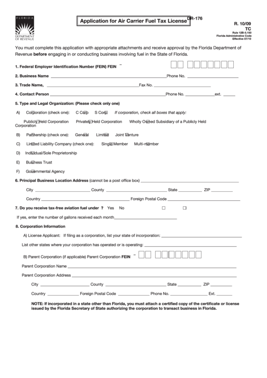 Form Dr-176 - Application For Air Carrier Fuel Tax License Printable pdf