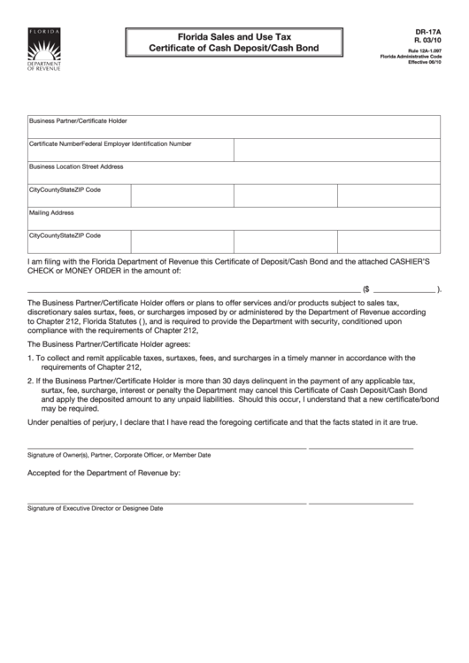 Form Dr-17a - Florida Sales And Use Tax Certificate Of Cash Deposit/cash Bond Printable pdf
