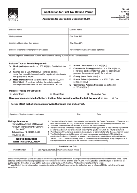 Form Dr-185 - Application For Fuel Tax Refund Permit Printable pdf