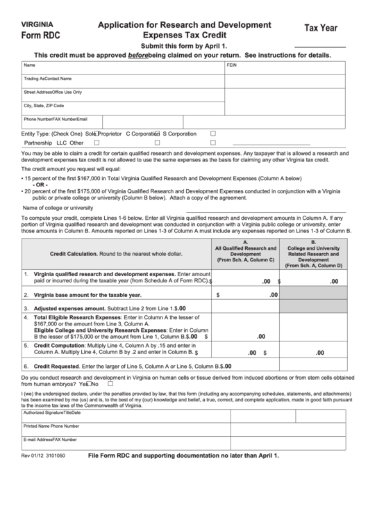 Virginia Form Rdc - Application For Research And Development Expenses Tax Credit Printable pdf