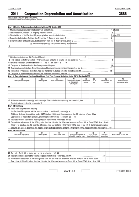 Fillable California Form 3885 - Corporation Depreciation And Amortization - 2011 Printable pdf