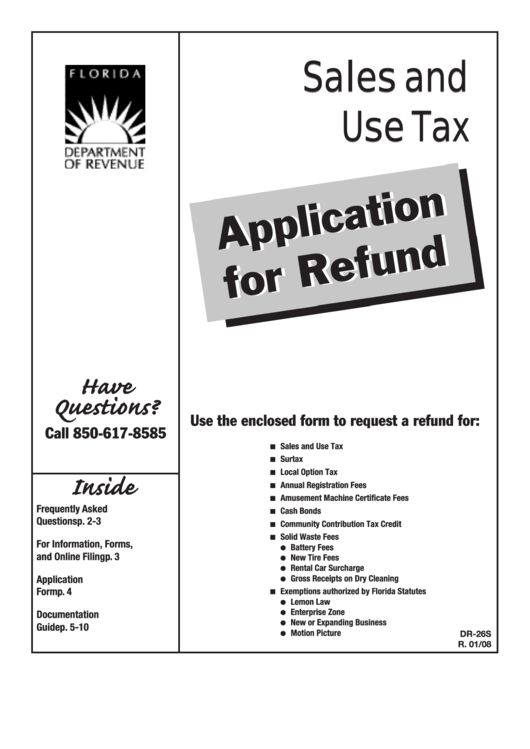 Fillable Form Dr-26s - Application For Refund - Sales And Use Tax Printable pdf