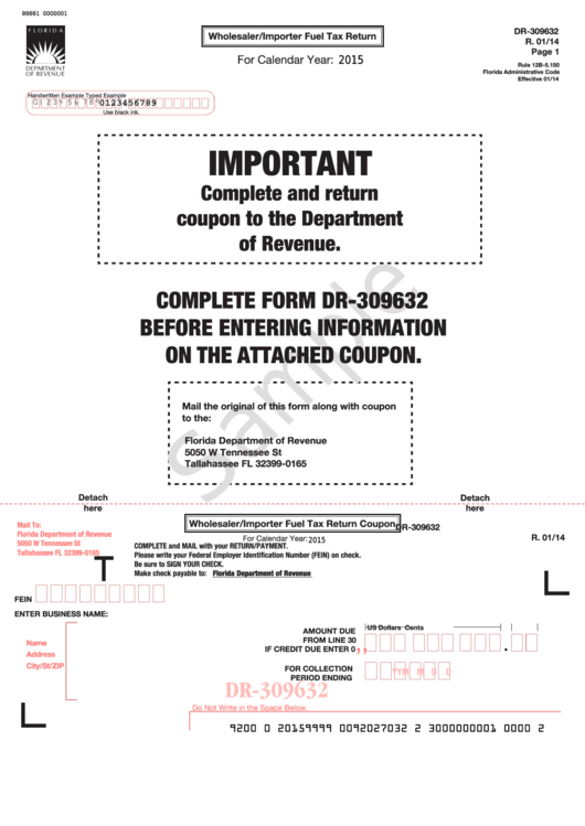 Fillable Form Dr-309632 Sample - Wholesaler/importer Fuel Tax Return - 2015 Printable pdf